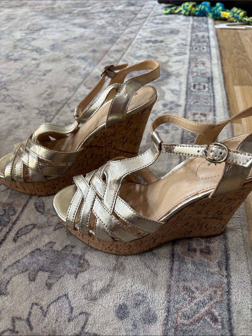 Gold Wedge Sandals with Cork Platform